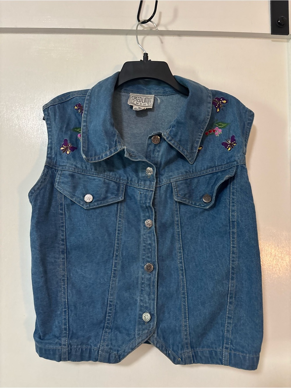 90s Speed Limit Embroidered Denim Vest - Blue size 18